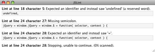 Screenshot of TextMate JSLint bundle output
